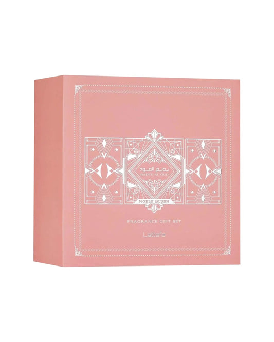 Cofanetto regalo Lattafa Bade'e Al Oud Noble Blush – confezione rosa cipria con decori argentati in stile art déco