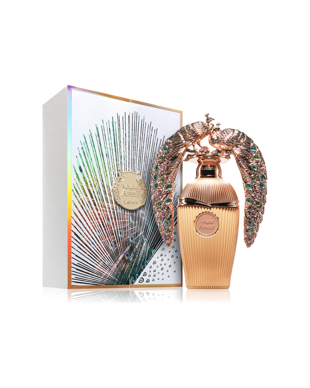 Profumo unisex Afeef di Lattafa. Vista completa con elegante scatola bianca olografica e lo spettacolare flacone dorato con tappo a forma di pavoni