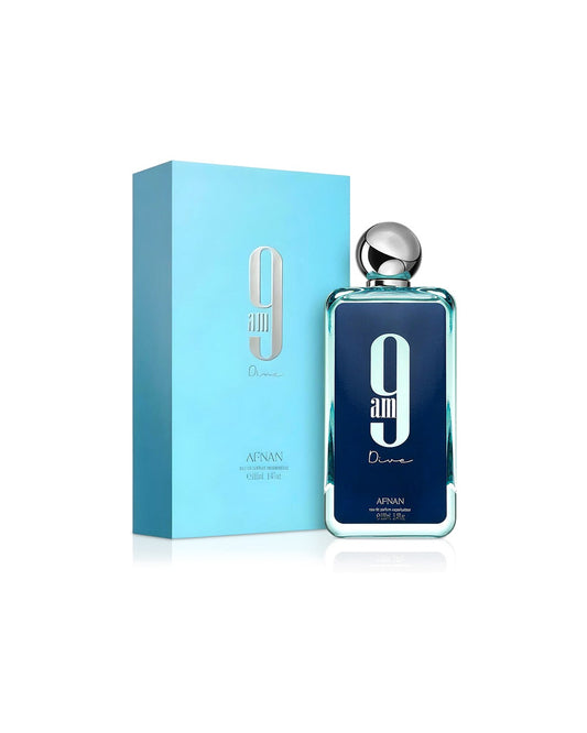 Afnan 9AM Dive Eau de Parfum 100ml unisex con scatola originale su sfondo bianco