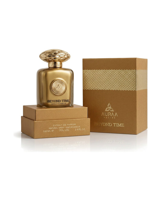 Auraa Desire Beyond Time Extrait de Parfum 100ml unisex con scatola originale su sfondo bianco