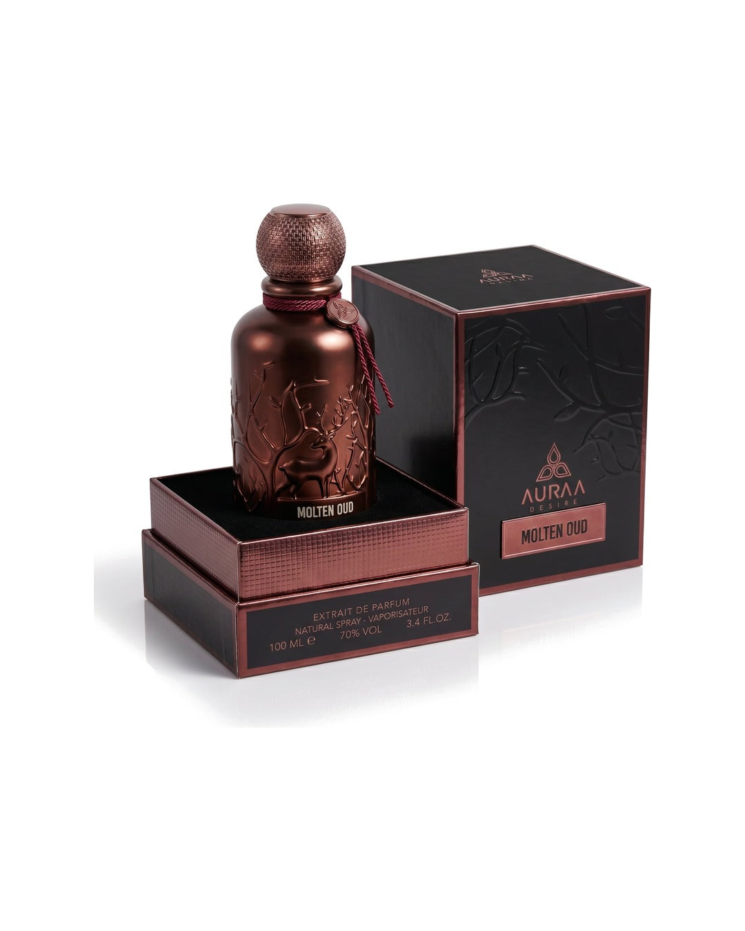 Auraa Desire Molten Oud Extrait de Parfum 100ml unisex con scatola originale su sfondo bianco