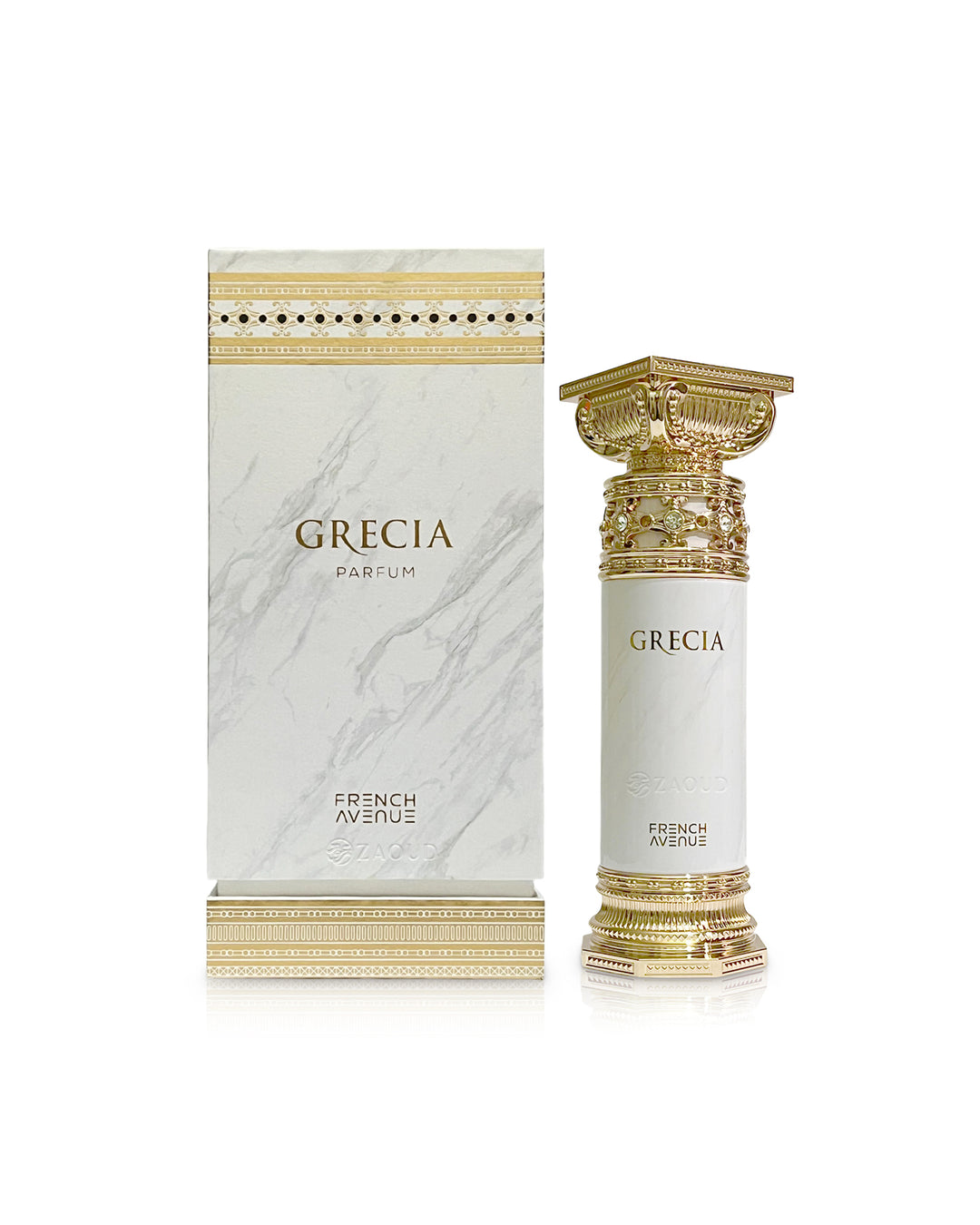 French Avenue Grecia White Eau de Parfum 100ml donna con scatola originale su sfondo bianco