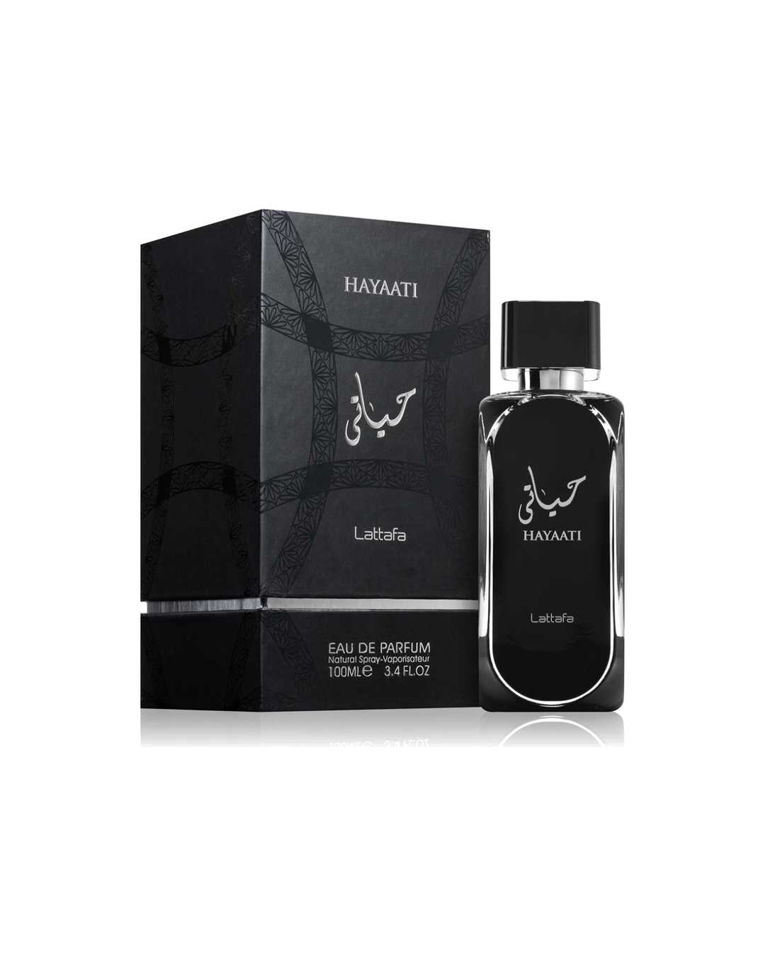 Profumo unisex Hayaati di Lattafa. Vista completa con l'elegante scatola nera decorata e il flacone lucido con scritte argento.