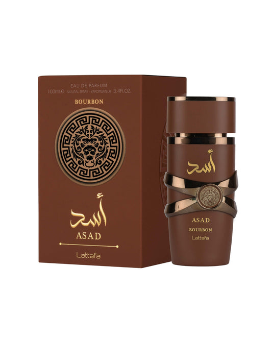 Lattafa Asad Bourbon Eau de Parfum 100ml uomo con scatola originale su sfondo bianco