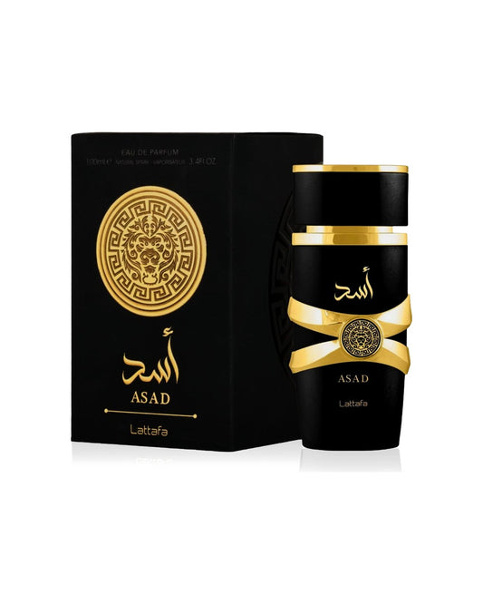 Lattafa Asad Eau de Parfum 100ml uomo con scatola originale su sfondo bianco