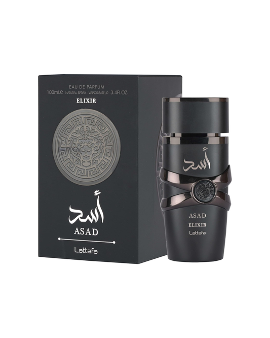 Profumo da uomo Lattafa Asad Elixir 100ml affiancato alla sua elegante scatola nera originale con finiture oro e scritte in rilievo.