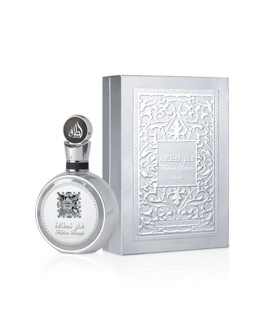 Lattafa Fakhar Platin Eau de Parfum 100ml uomo con scatola originale su sfondo bianco