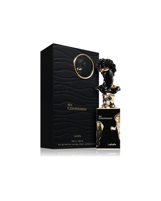 Lattafa His Confession Eau de Parfum 100ml uomo con scatola originale su sfondo bianco