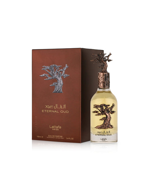 Lattafa Pride Eternal Oud Eau de Parfum 100ml unisex con scatola originale su sfondo bianco