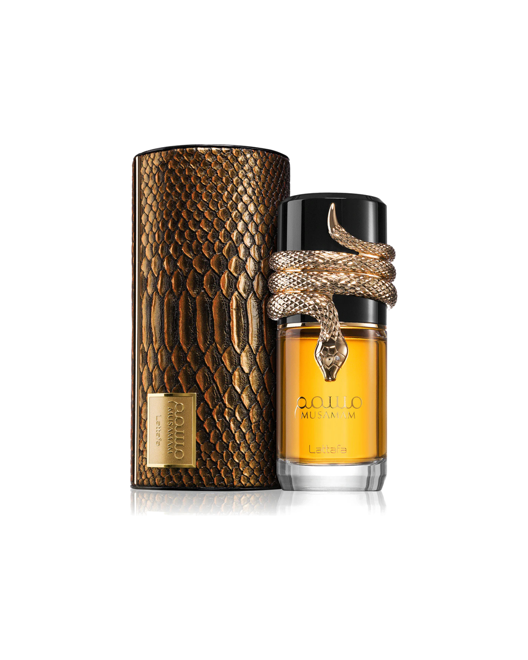 Profumo unisex Musamam di Lattafa. Vista completa con l'esclusiva scatola texture pelle di serpente e il flacone impreziosito dal serpente dorato