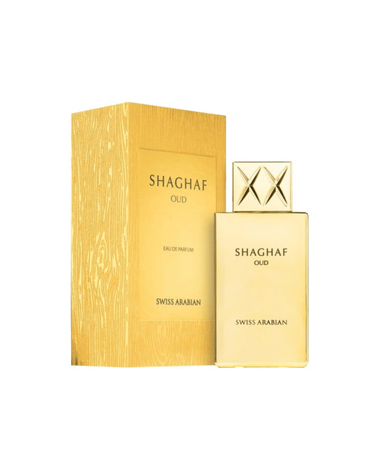 Swiss Arabian Shaghaf Oud Eau de Parfum 75ml unisex con scatola originale su sfondo bianco