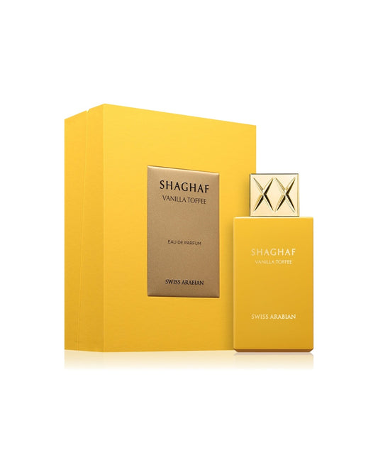 Swiss Arabian Shaghaf Vanilla Toffee Eau de Parfum 75ml unisex con scatola originale su sfondo bianco