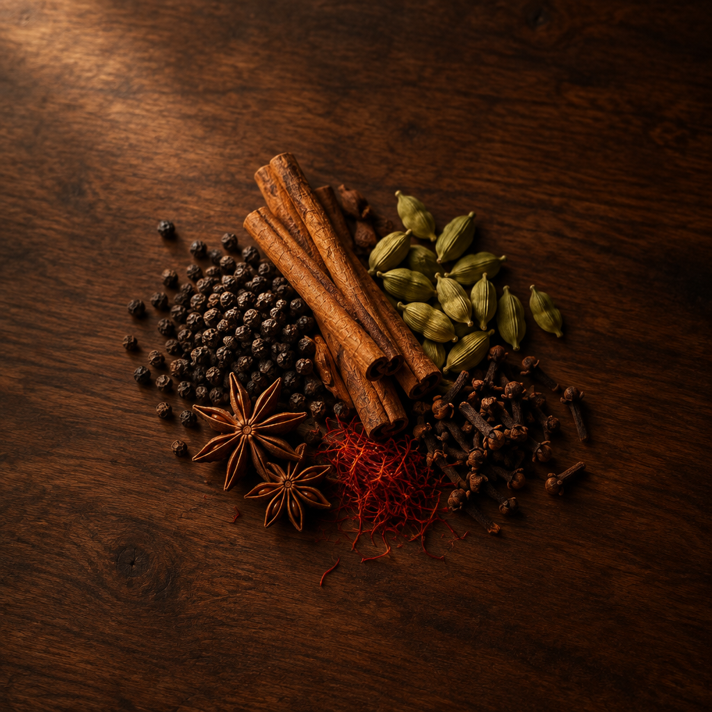 Cannella, pepe nero, cardamomo, chiodi di garofano e zafferano su legno scuro