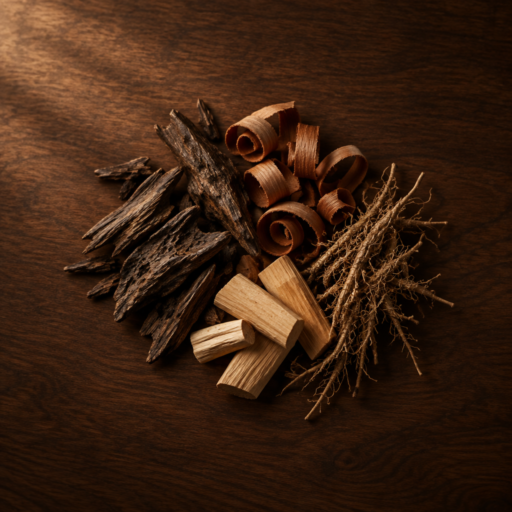 Trucioli di oud, cedro, sandalo e radici di vetiver su legno scuro