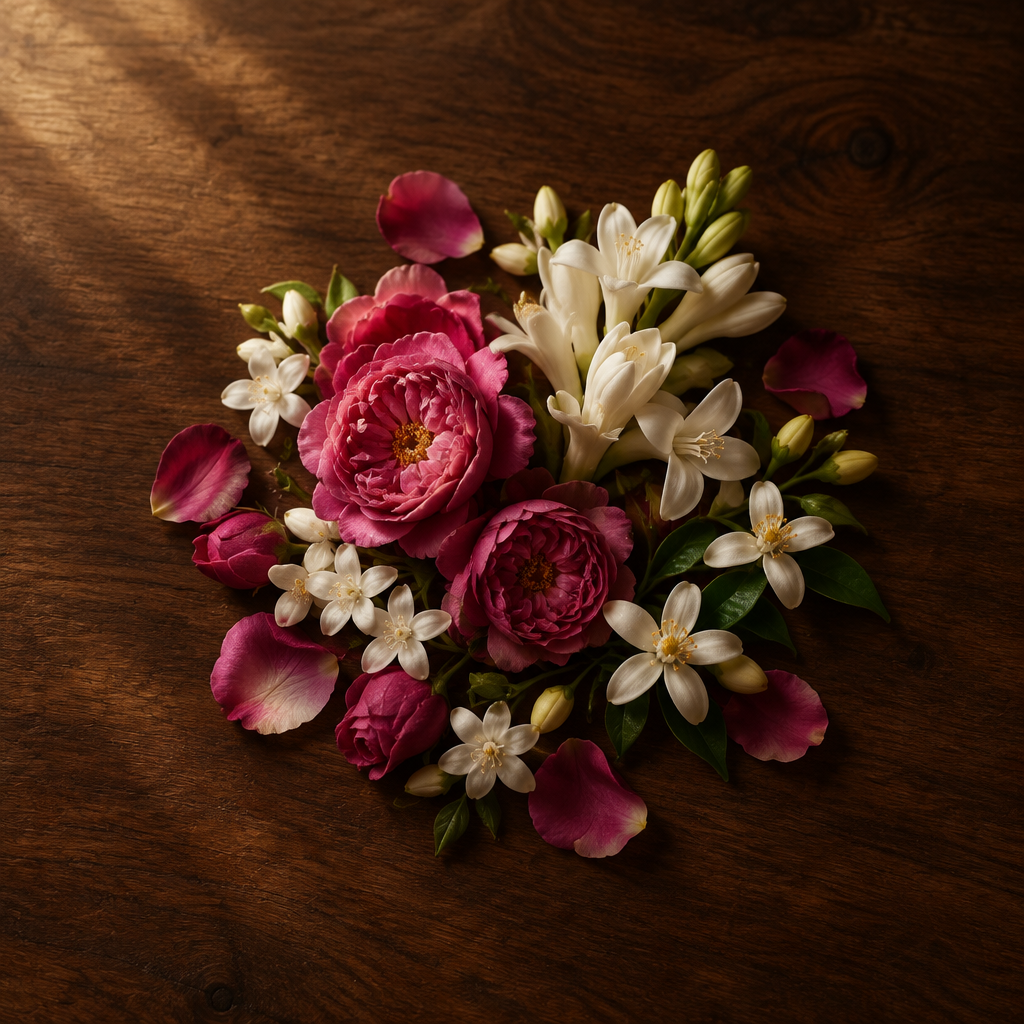 Petali di rosa, gelsomino e fiori d'arancio su legno scuro
