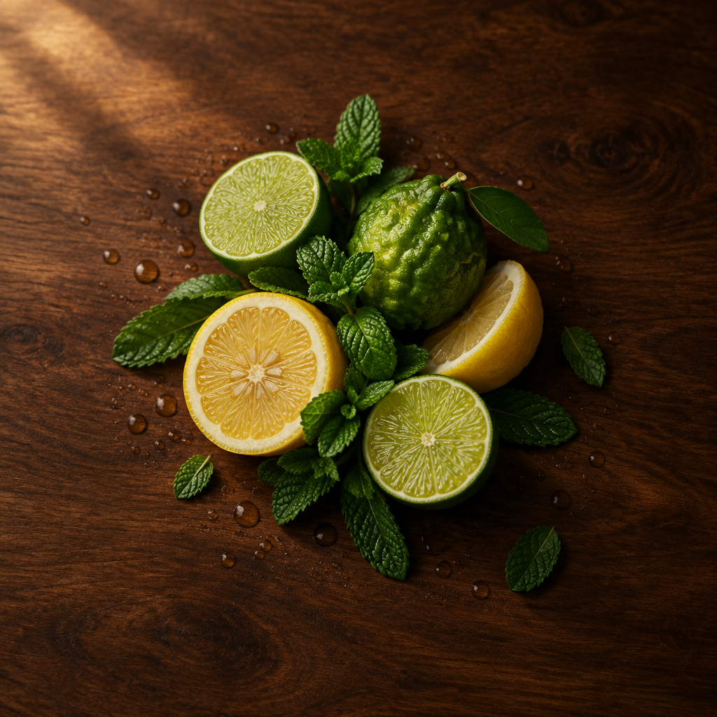 Lime, limoni, bergamotto e menta fresca su legno scuro