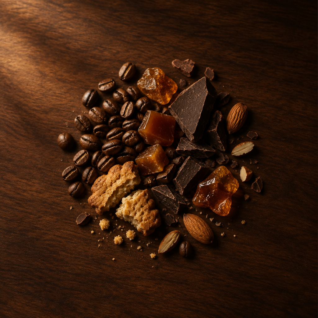 Chicchi di caffe, cioccolato fondente, caramello e mandorle tostate su legno scuro