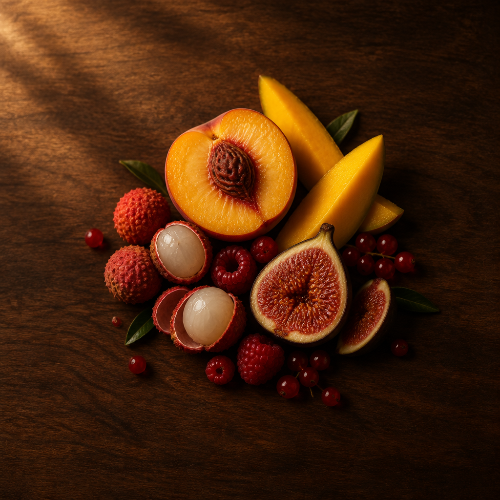 Pesca, mango, litchi, fichi e frutti rossi su legno scuro