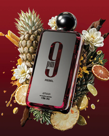 Flacone e scatola grigia con logo rosso del profumo arabo Afnan 9 PM Rebel Eau de Parfum da 100ml