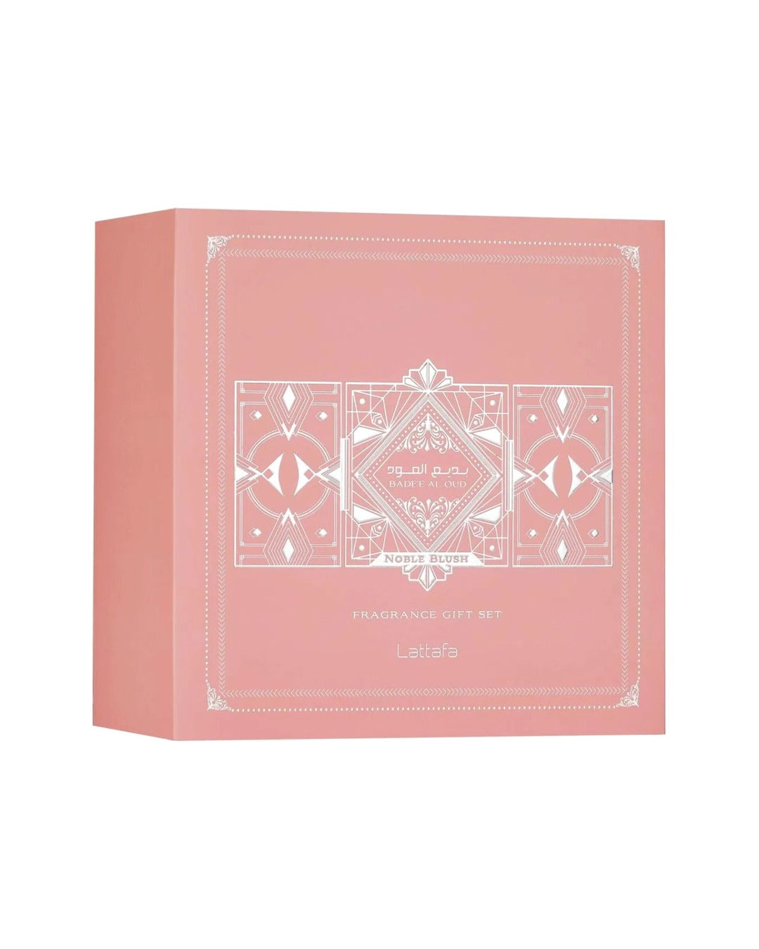 Cofanetto regalo Lattafa Bade'e Al Oud Noble Blush – confezione rosa cipria con decori argentati in stile art déco
