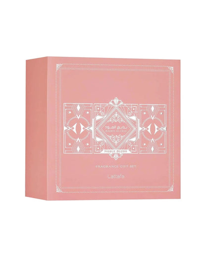 Cofanetto regalo Lattafa Bade'e Al Oud Noble Blush – confezione rosa cipria con decori argentati in stile art déco
