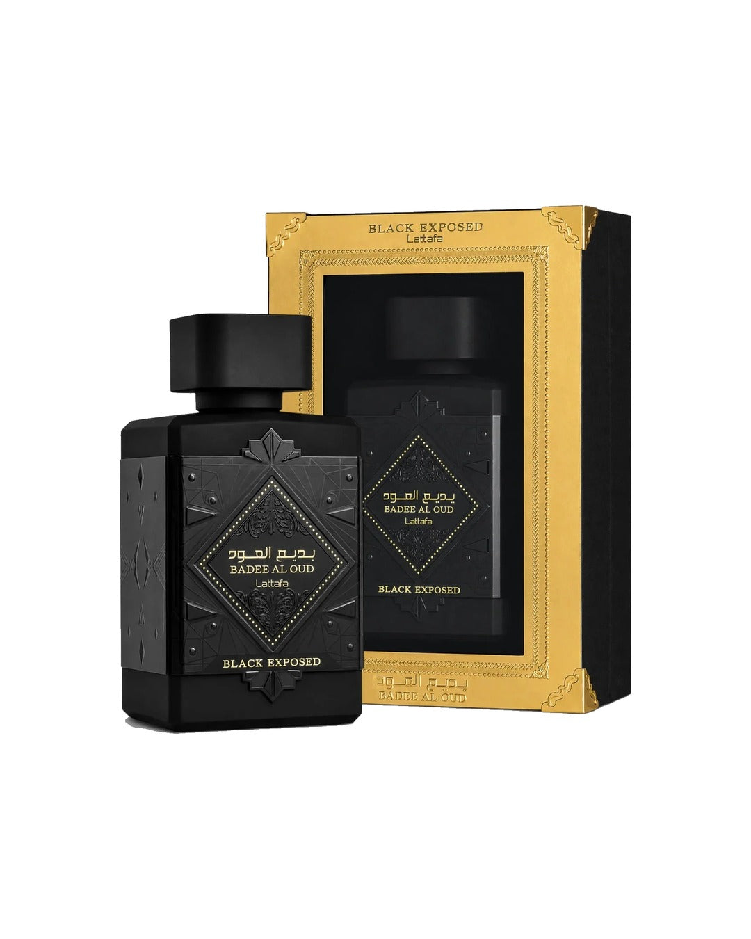 Lattafa Badee Al Oud Black Exposed 100ml con scatola oro e nera