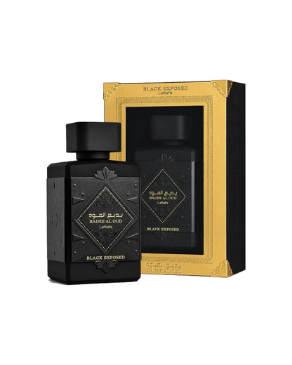 Lattafa Badee Al Oud Black Exposed 100ml con scatola oro e nera