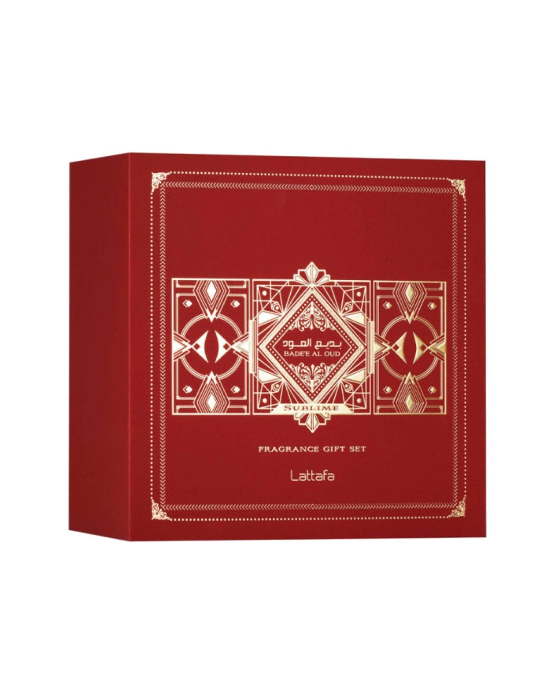 Confezione regalo Lattafa Badee Al Oud Sublime: scatola rossa rigida con decorazioni dorate e scritta Fragrance Gift Set