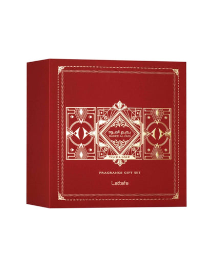 Confezione regalo Lattafa Badee Al Oud Sublime: scatola rossa rigida con decorazioni dorate e scritta Fragrance Gift Set