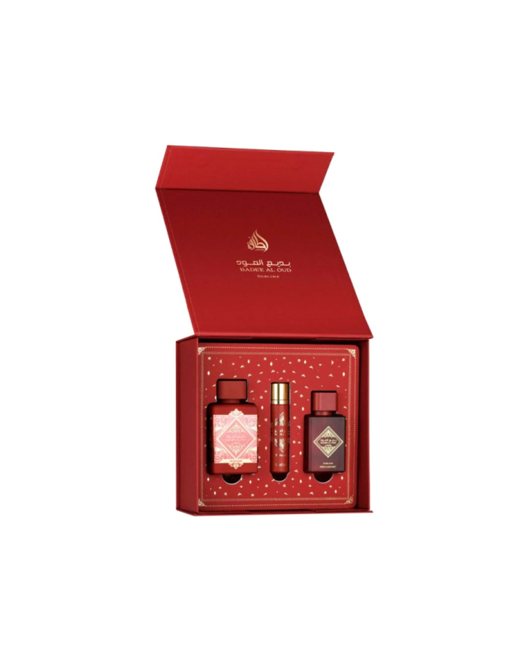 Set regalo Lattafa Badee Al Oud Sublime aperto: cofanetto rosso con eau de parfum 100ml, spray da viaggio 10ml e hair mist 50ml