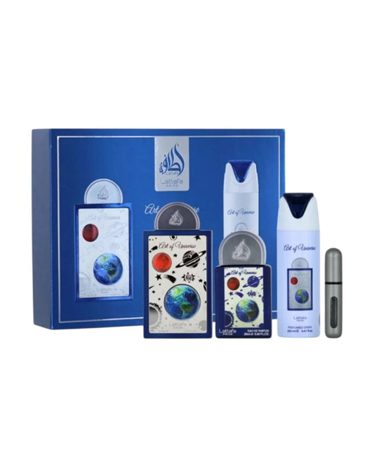 Elegante cofanetto regalo blu aperto del profumo unisex Lattafa Pride Art of Universe, che mostra l'Eau de Parfum, il deodorante e il travel spray al suo interno