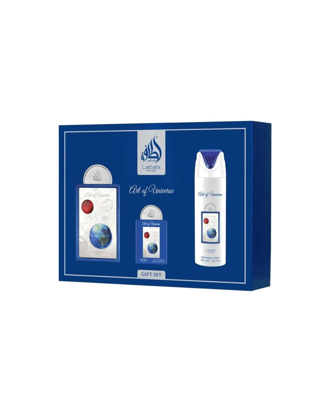 I quattro prodotti del set Lattafa Art of Universe allineati: profumo principale 100ml, miniatura 20ml, deodorante spray 200ml e vaporizzatore da viaggio ricaricabile azzurro.
