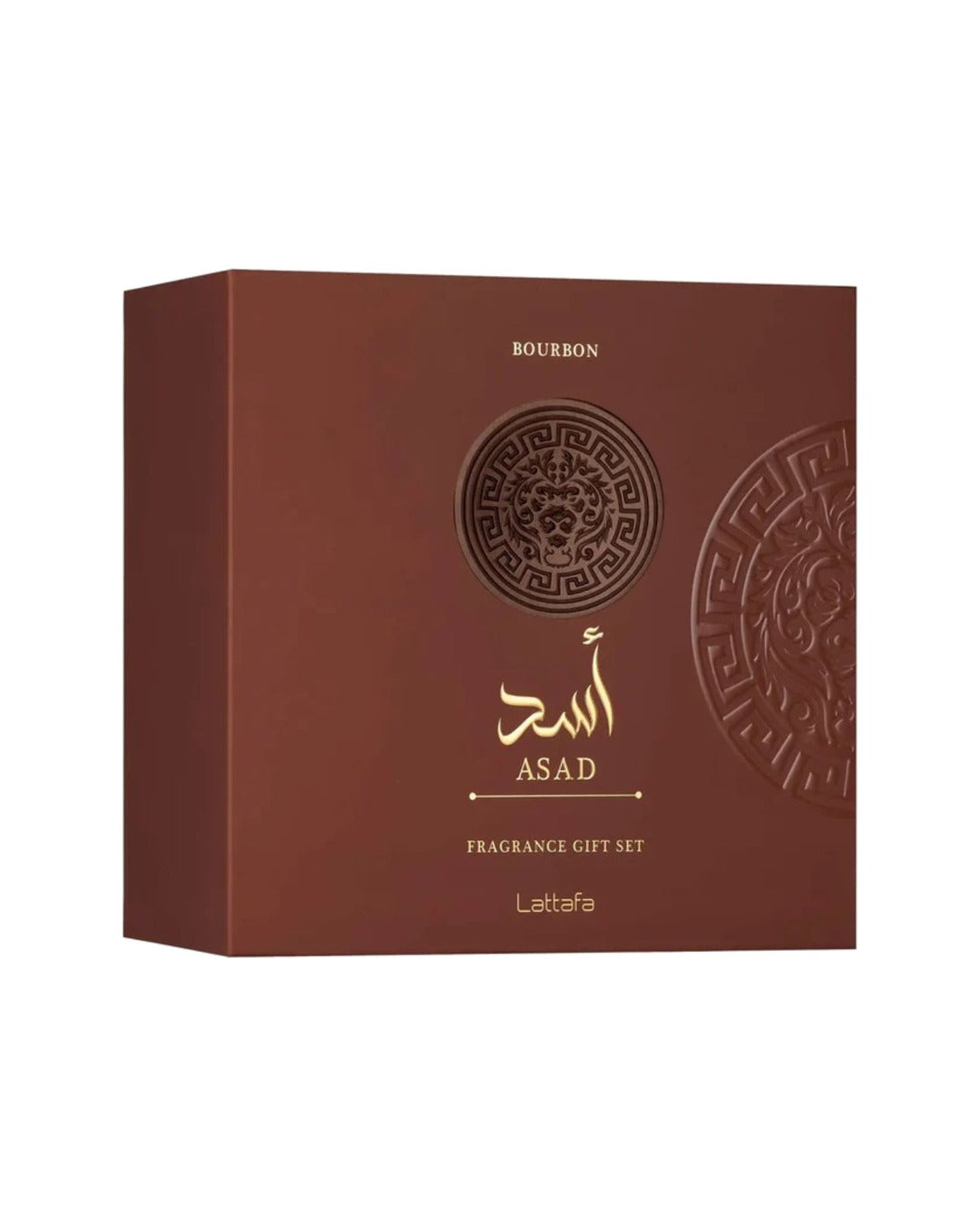 Cofanetto regalo Lattafa Asad Bourbon marrone con logo dorato e medaglione a rilievo