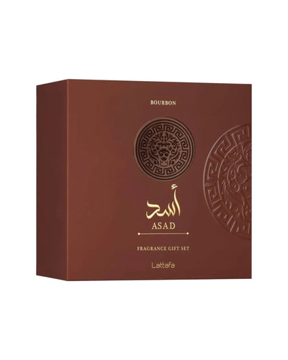 Cofanetto regalo Lattafa Asad Bourbon marrone con logo dorato e medaglione a rilievo