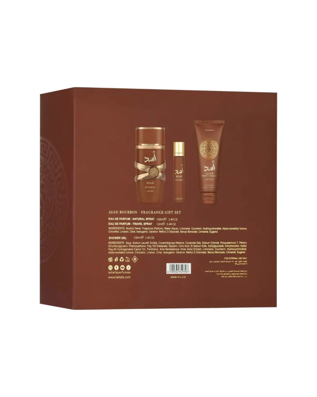 Retro della confezione regalo Lattafa Asad Bourbon con contenuto del set e ingredienti