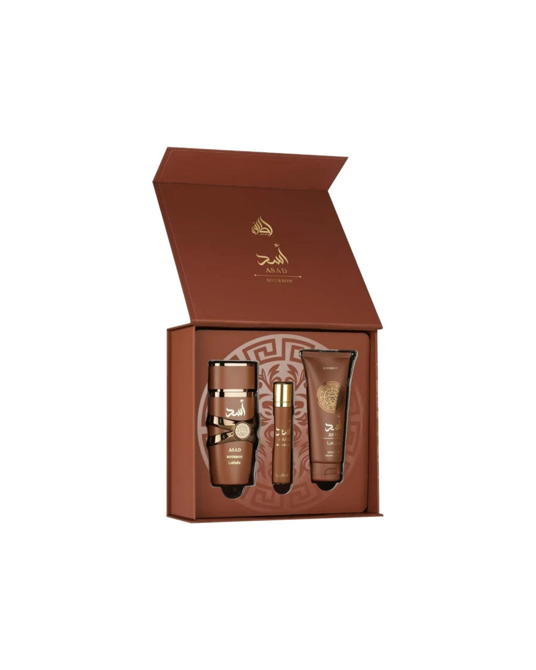 Confezione regalo Lattafa Asad Bourbon aperta con eau de parfum 100 ml, travel spray 12 ml e shower gel 100 ml