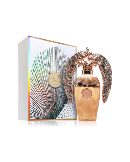 Profumo unisex Afeef di Lattafa. Vista completa con elegante scatola bianca olografica e lo spettacolare flacone dorato con tappo a forma di pavoni