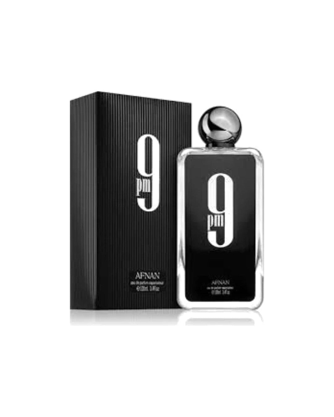 Flacone e scatola nera del profumo arabo Afnan 9 PM Eau de Parfum da uomo
