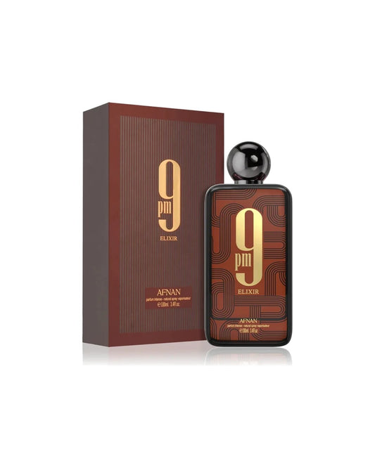 Flacone del profumo Afnan 9pm Elixir Parfum Intense 100ml, esclusiva fragranza maschile degli Emirati Arabi Uniti.