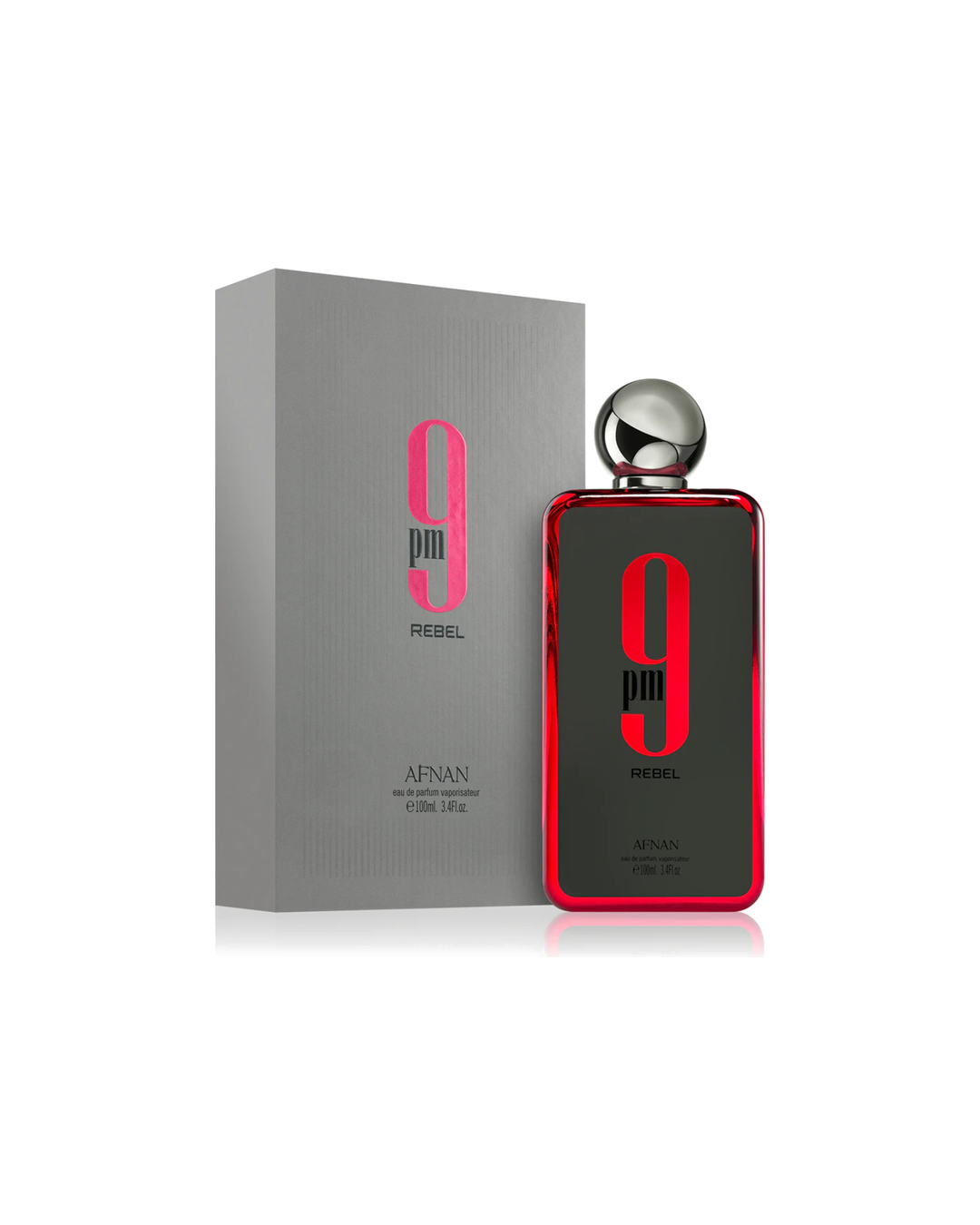 Flacone grigio con dettagli rossi del profumo arabo Afnan 9 PM Rebel Eau de Parfum da 100ml