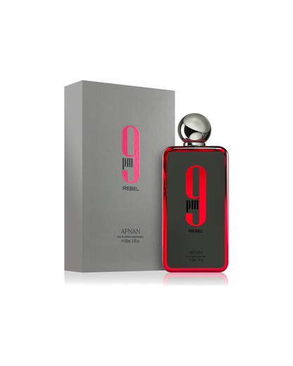 Flacone grigio con dettagli rossi del profumo arabo Afnan 9 PM Rebel Eau de Parfum da 100ml