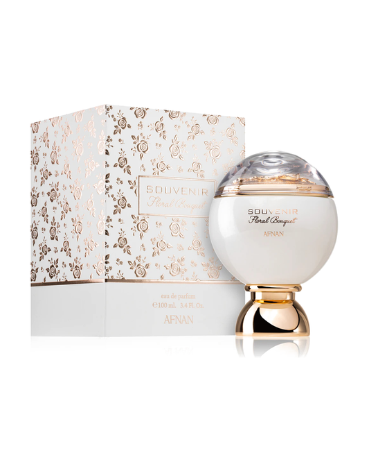 Profumo donna Souvenir Floral Bouquet di Afnan. Vista completa con l'elegante scatola bianca con rose dorate e il flacone sferico