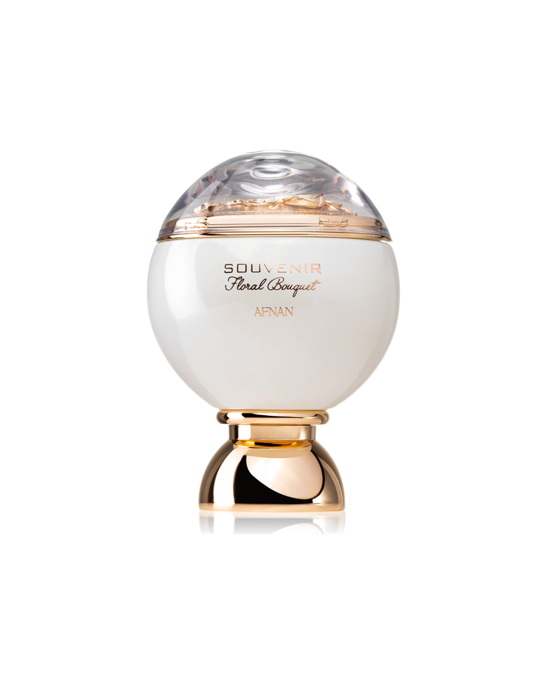 Dettaglio del flacone sferico bianco del profumo Afnan Souvenir Floral Bouquet, con tappo trasparente che racchiude rose dorate scolpite.