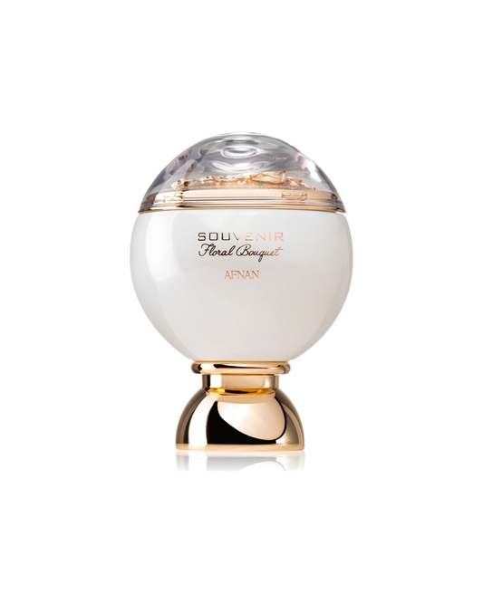 Dettaglio del flacone sferico bianco del profumo Afnan Souvenir Floral Bouquet, con tappo trasparente che racchiude rose dorate scolpite.