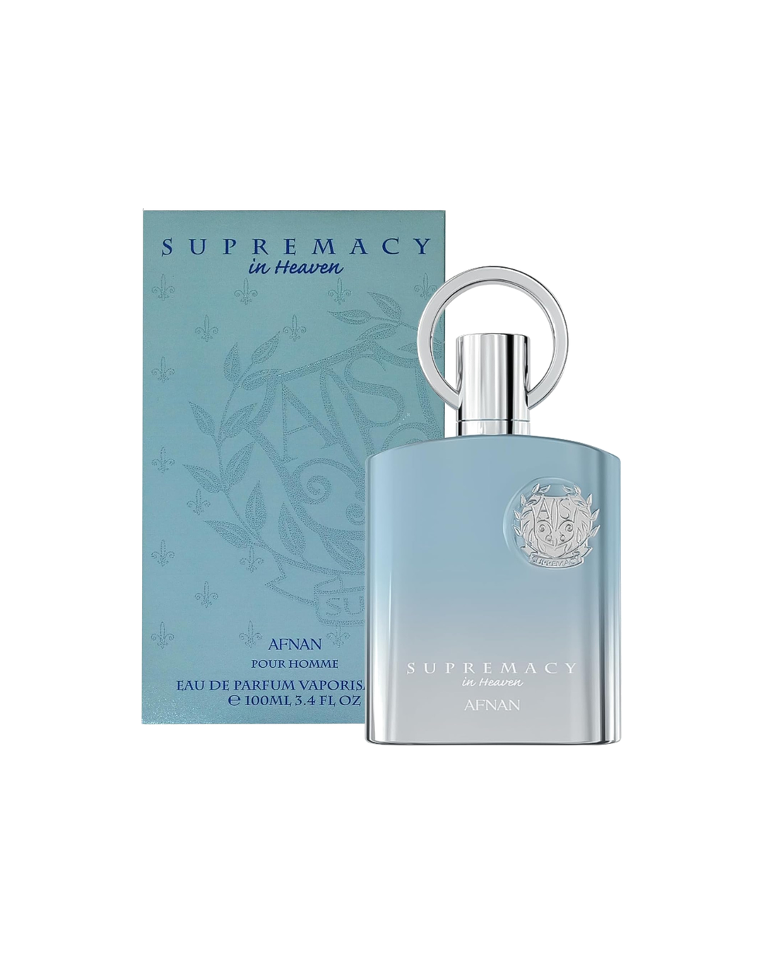 Flacone azzurro sfumato del profumo da uomo Afnan Supremacy in Heaven Eau de Parfum 100ml con tappo ad anello argentato.