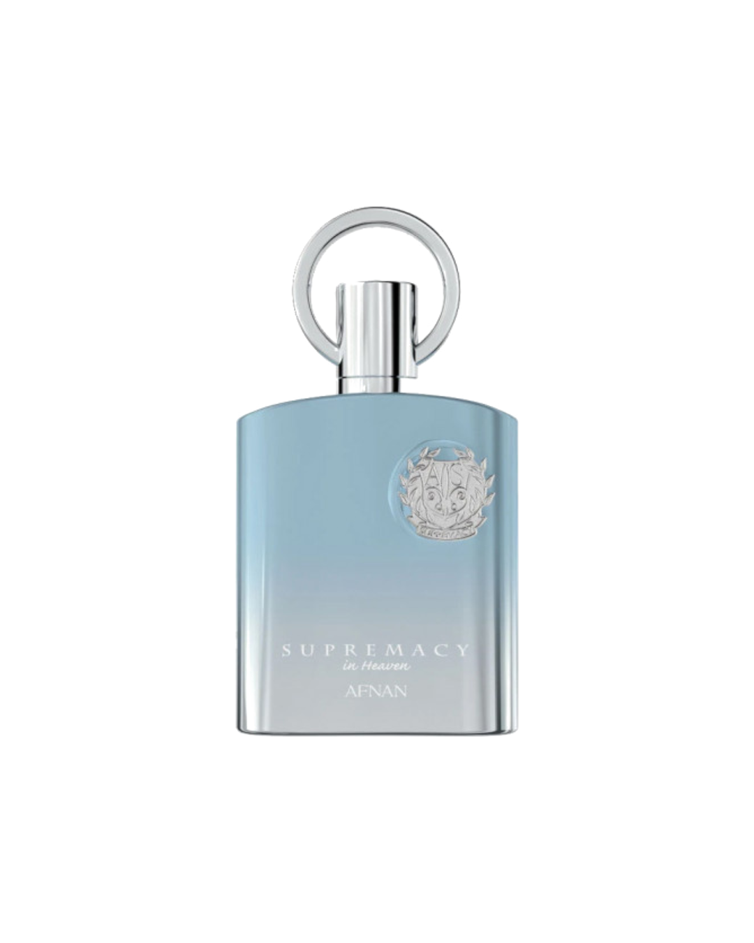 Profumo da uomo Afnan Supremacy in Heaven 100ml affiancato alla sua elegante scatola originale azzurra con loghi in riliev