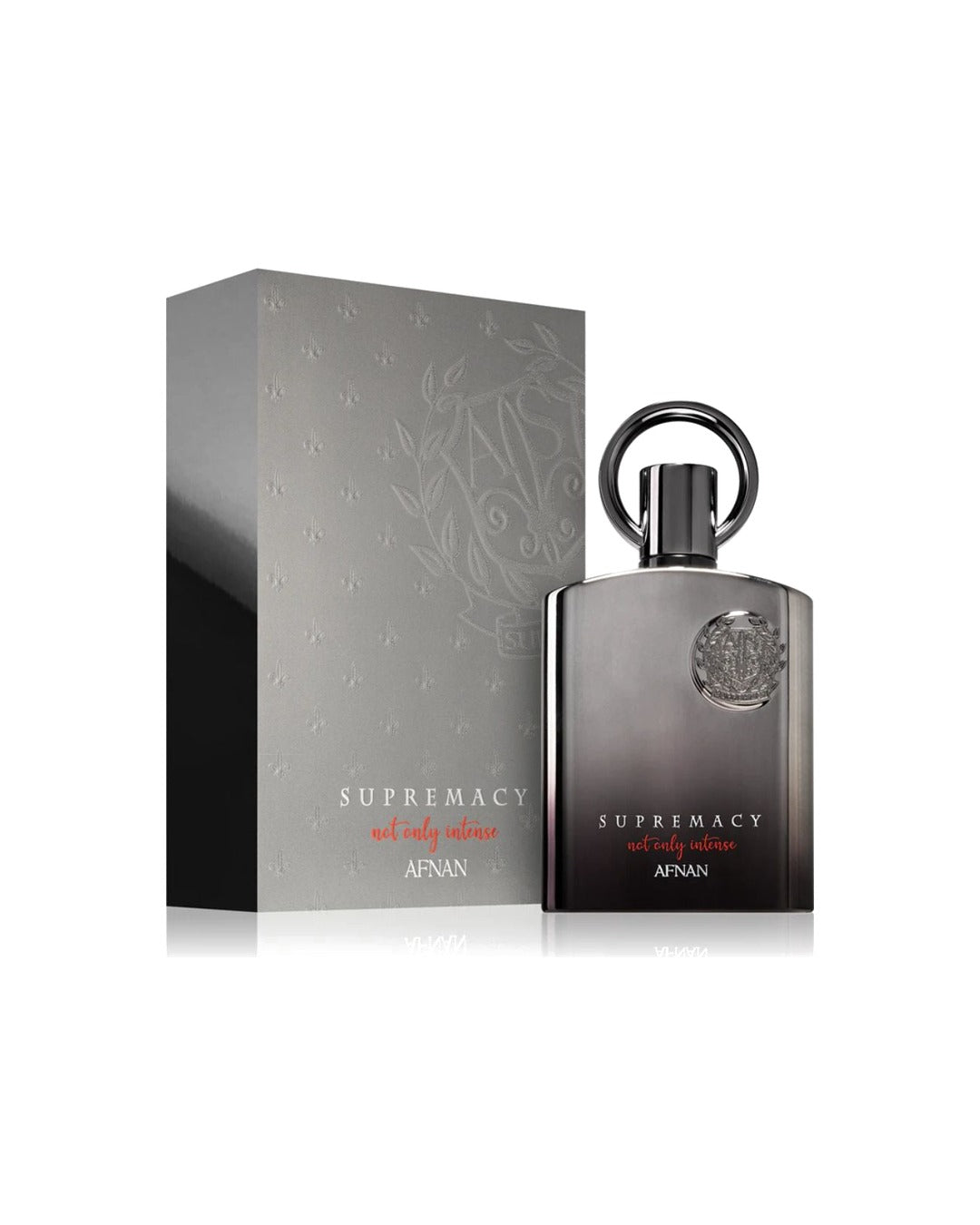 Profumo uomo Supremacy Not Only Intense di Afnan. Vista completa con elegante scatola grigia decorata e flacone massiccio argento e nero.