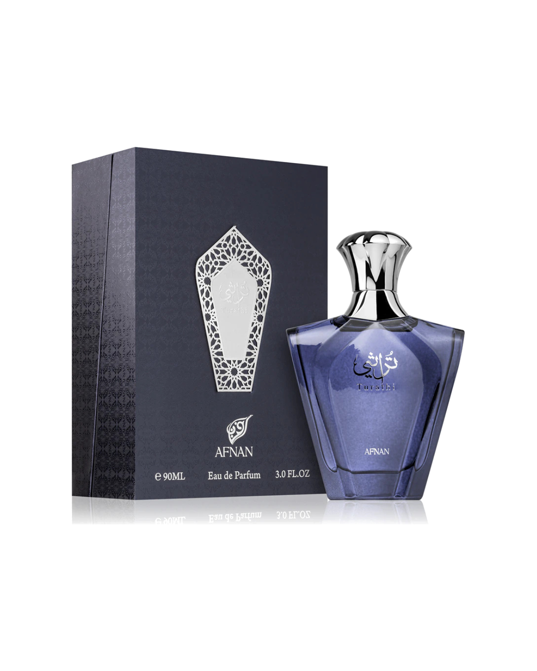 Profumo uomo Turathi Homme Blue di Afnan. Vista completa con elegante scatola blu scuro decorata con motivi argento e flacone sfaccettato