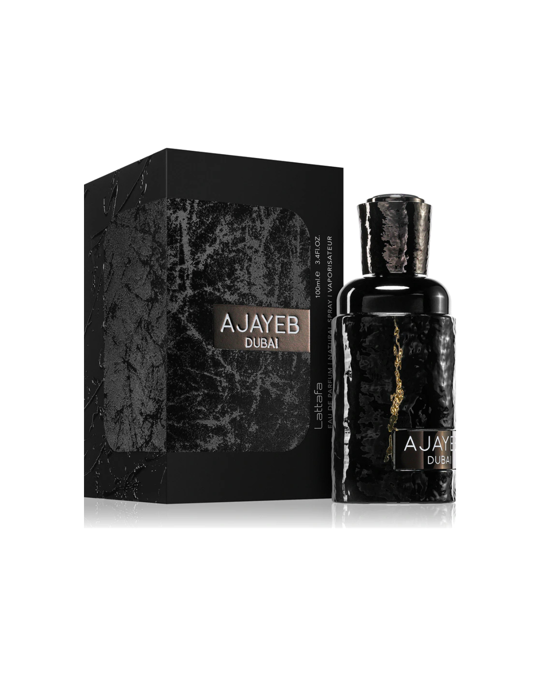 Profumo unisex Ajayeb Dubai di Lattafa. Vista completa con l'elegante scatola nera testurizzata e il flacone nero lucido con dettagli dorati