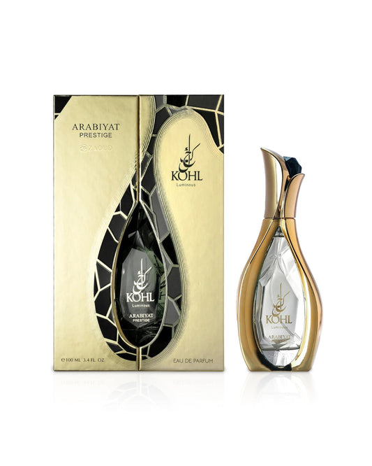 Arabiyat Prestige Kohl Luminous Eau de Parfum 100ml donna con scatola originale su sfondo bianco